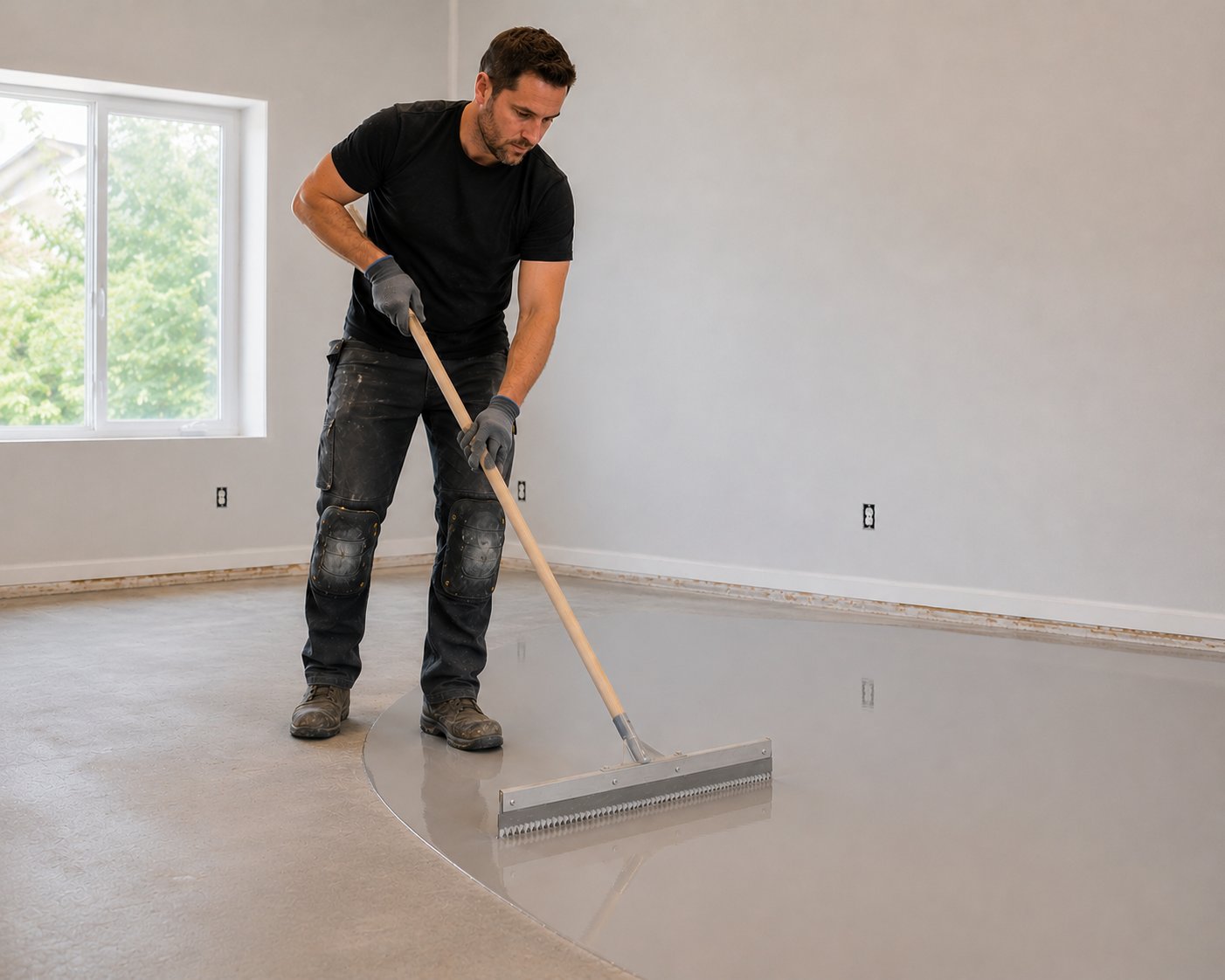 Kent Flooring Warehouse fitter applying a latex screed for subfloor preparation